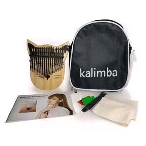 Wood Kalimba 17 Keys Engraved With Notes Cat Shaped Thumb Piano w Case And Book